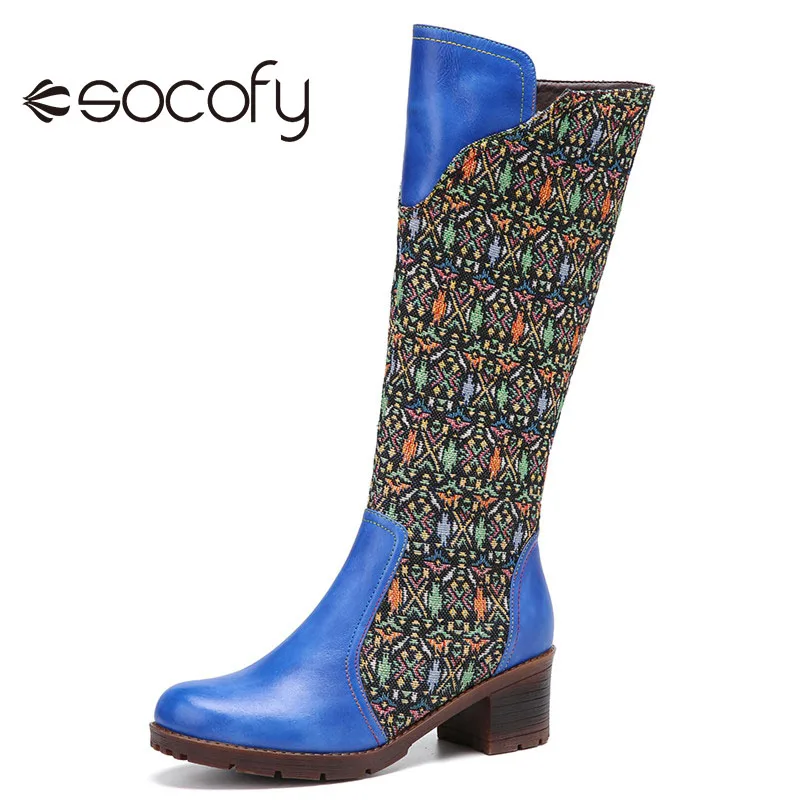 

SOCOFY Women Embroidery Ethnic Style Boots Warm Mid-calf Low Heel Boot Non-Slip Round Toe Zipper Casual Outdoor Party Shoes 2020