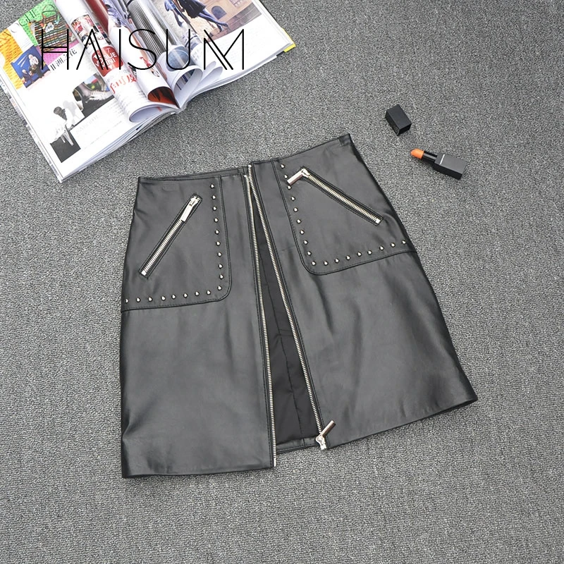 

2018 New Top Rivet Haisum Women Natural Waist Club Mini Slim Sheepskin Leather Skirt Bodycon Pocket A- Faldas Stylish Le009