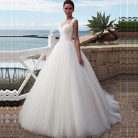 elegant o neck a line tulle wedding dress lace appliques backless boho beach bridal gowns sleeveless vestido de novia lace up