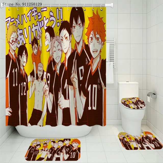 4 Pieces Volleyball Boy Shower Curtain Sets Japan Animation Carpet Pedestal Rug Lid Toilet Cover Bath Mat Bathroom Curtain Set