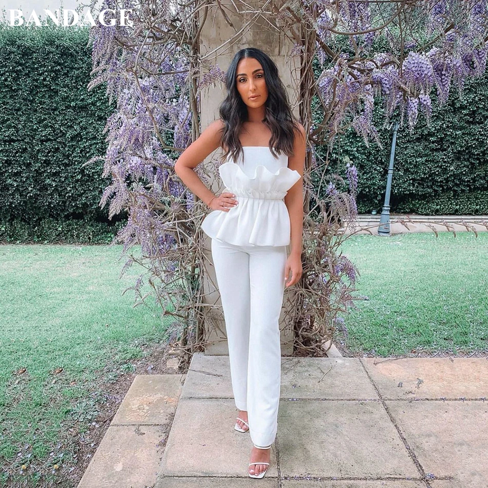 

BANDAGE 2020 Spring New Women Fashion White Bandage Jumpsuits Strapless Women Romper Bodycon Celebrity Club Party Jumpsuit
