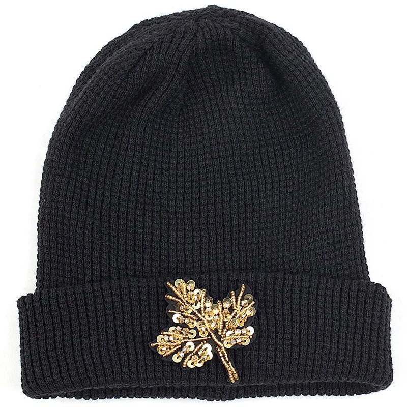 

Кашемировая вязаная шапка Geebro, для взрослых, с кленовыми листьями, аксессуары, теплая однотонная шапка унисекс, шапка с манжетой