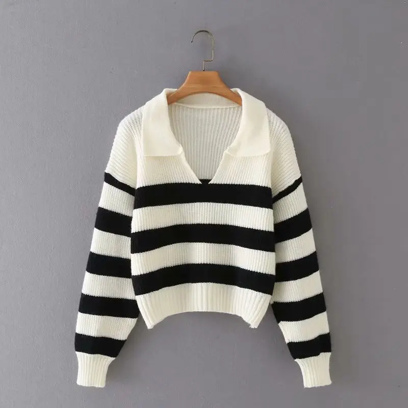 

Sweaters Women 2021 Fashion Stripe Loose Zipper Knitting Sweaters Vintage Long Sleeve Asymmetry Female Pullover Tops