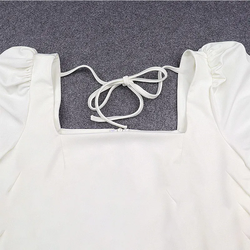 

Square Collar White Tunic Women Blouse Shirt Female Elegant 2021 Summer Sexy Puff Sleeve Tops Ladies Office Lace Up Blouses