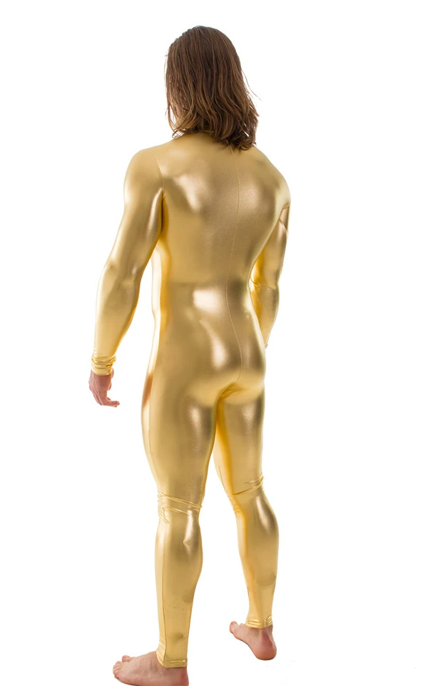

Icostumes Full Bodysuit Zentai Lycra Spandex Suit for Men Unitard Shiny Metallic Skin Tights Gold Zentai Suit Front Zip Catsuit