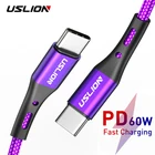 Кабель USLION USB Type-CType-C для Macbook, Samsung S10, S9, PD, 60 Вт, QC3.0, USB-C, 2 м, 3 м