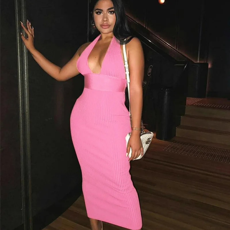 

Halter Backless Sexy Knitted Pencil Dress Women White Off Shoulder Long Bodycon Party Dress Elegant Summer Dress 2020