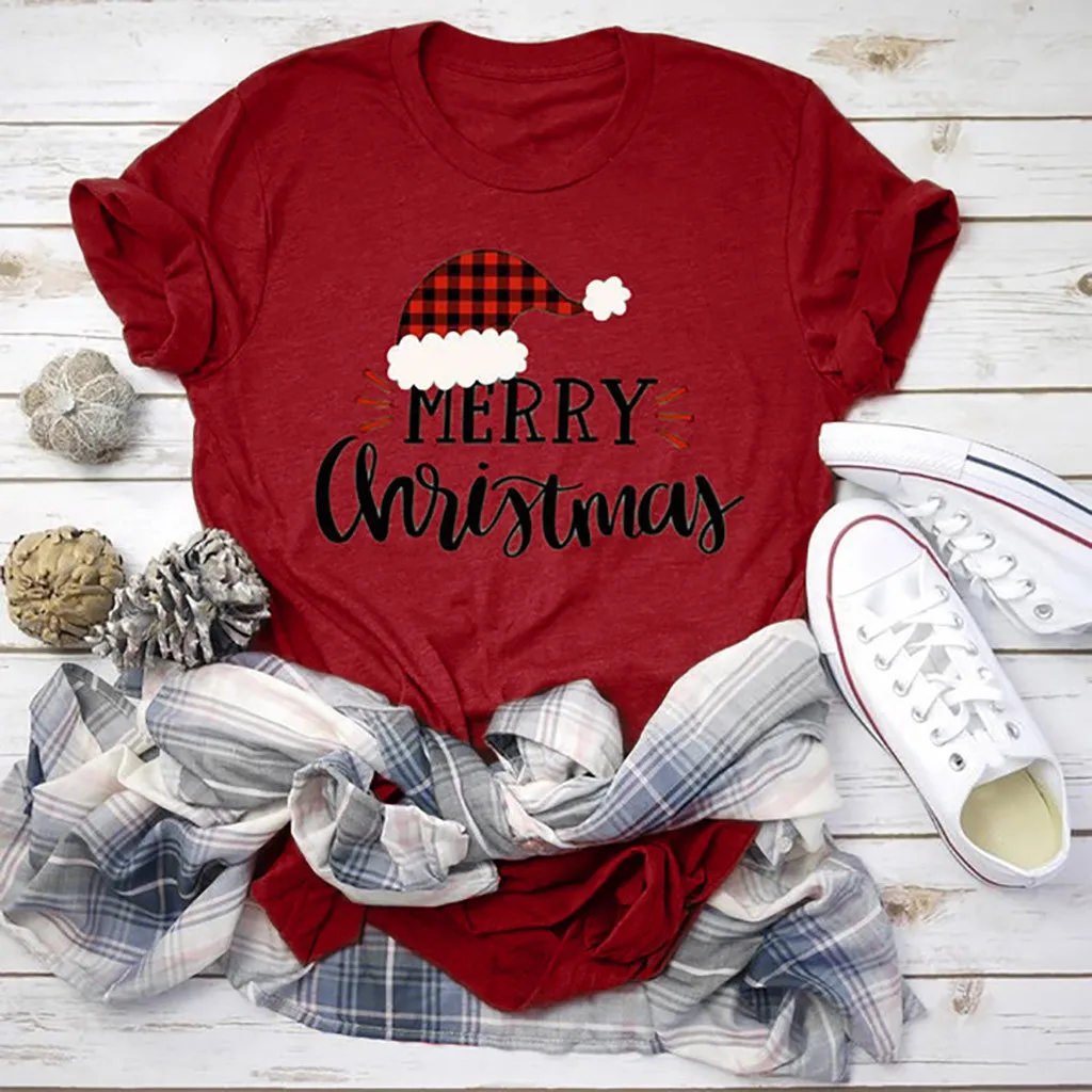 Для женщин Рождественская Футболка с принтом букв футболки круглым вырезом и