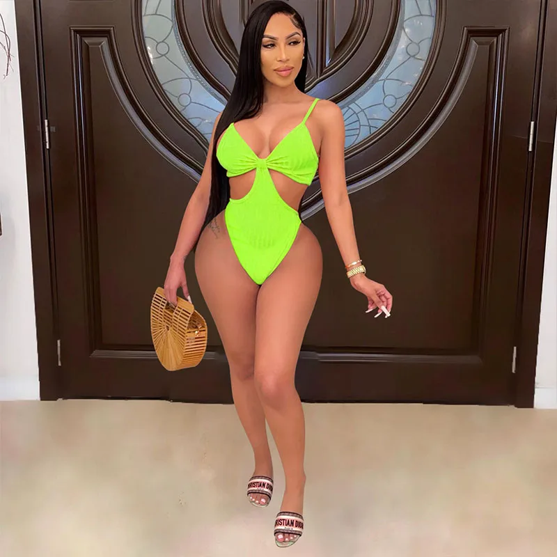 

ZKYZWX Sexy Bodycon Spaghetti Strap Bodysuit Summer Clothes for Women Beachwear Swimsuit Hollow Skinny One Piece Club Outfits