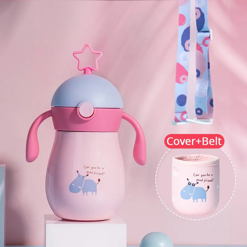 pink with coverbelt Sunveno, 260 мл, мультяшный детский термос, чашка с мягким носиком, соломинка, непроливайка, Гравитационный шар, чашка для воды, бутылка для воды - Цвет: pink with coverbelt