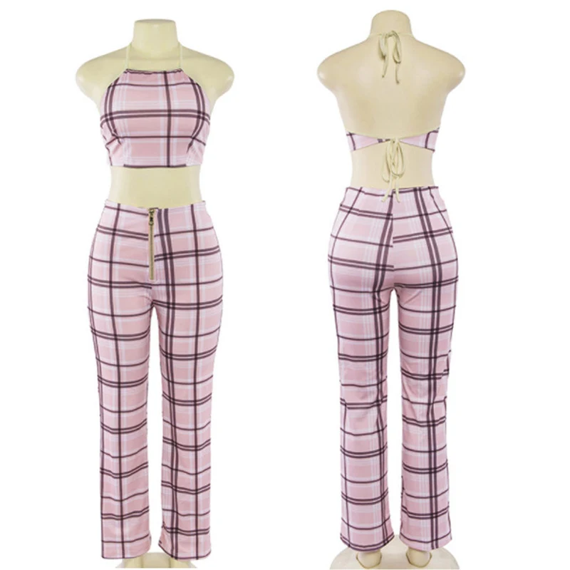 

Women Sets Orange Pink 2 Piece Plaid Tracksuit Casual Summer Crop Top Pants Women Suits High Street Wear Tracksuits