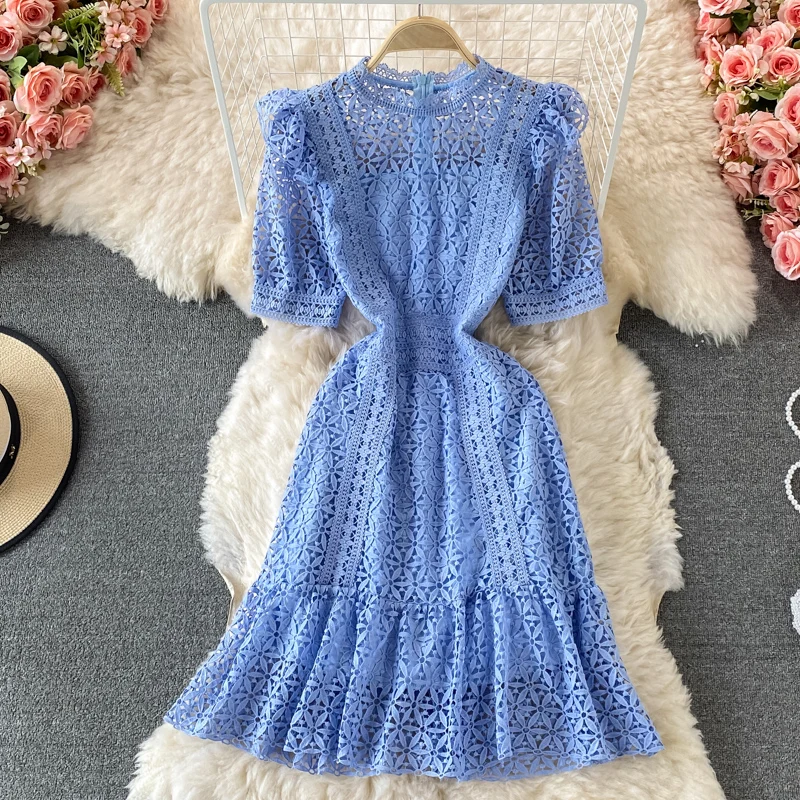 

Vintage Elegant Stand-up collar lace dress short-sleeved summer new hollow fairy temperament high-waist a-line dress for women