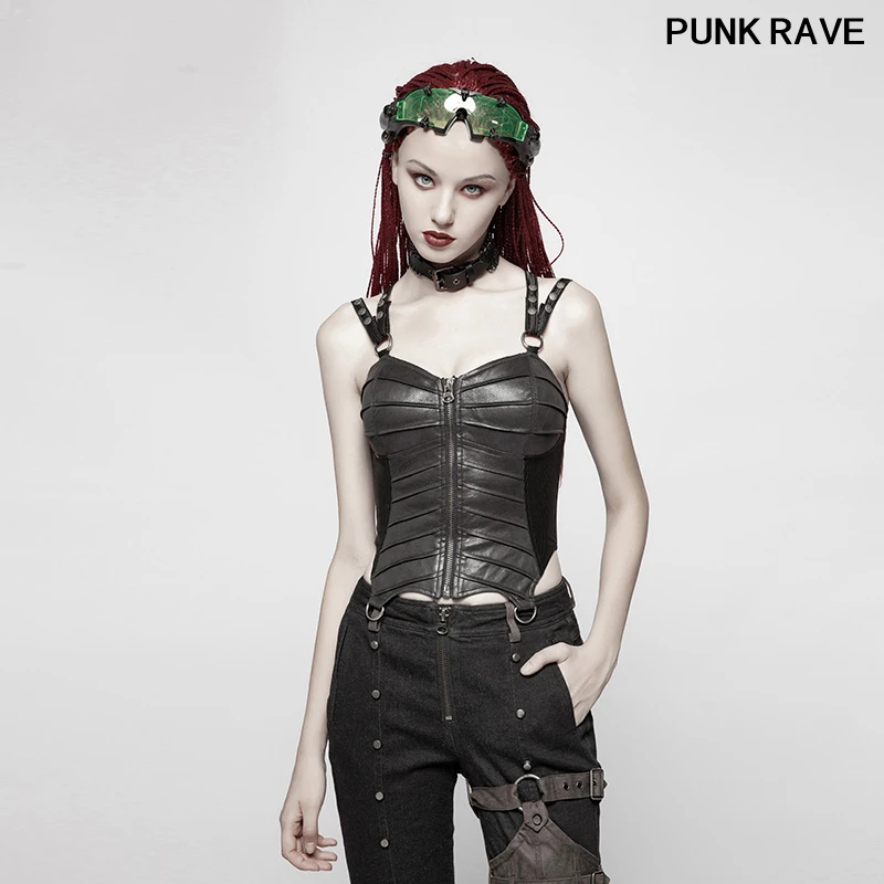 

Punk Sexy slim Women Shimmering PU Short Corset classic Dark Stripes Tight Pleat Zipper Sleeveless Corset PUNK RAVE WY-955SYF