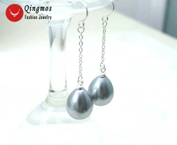 

Qingmos Trendy Sea Shell Pearl Earrings for Women with 12*15mm Drop Gray Sea Shell Pearl Dangle Earring Fine Jewelry kolczyk