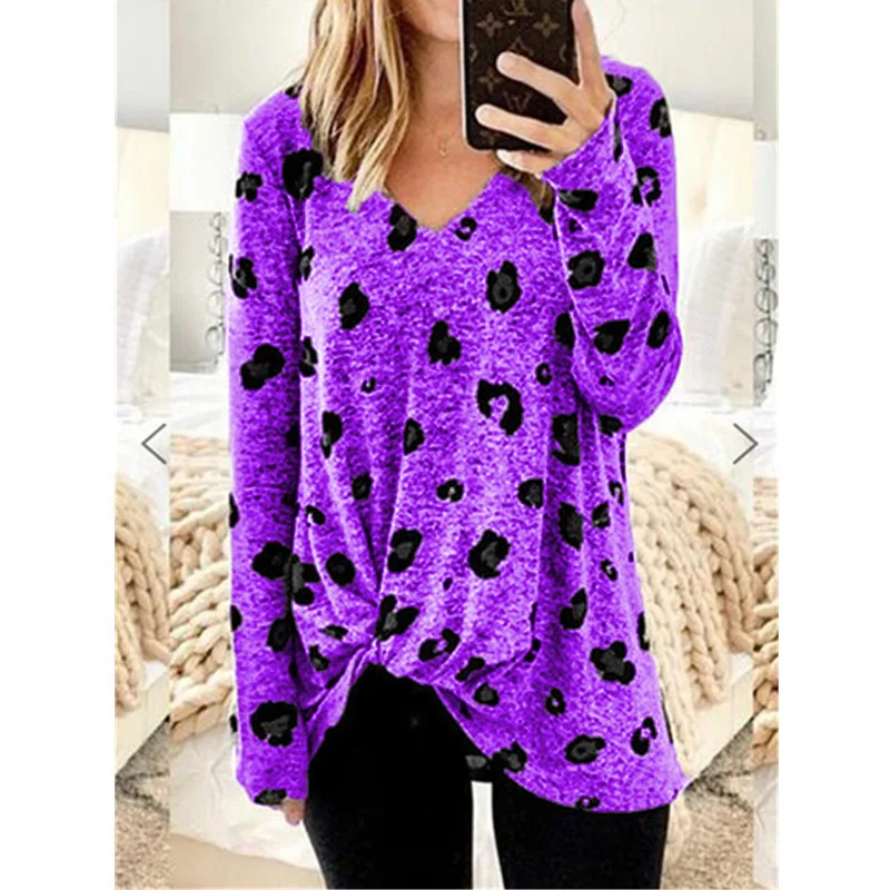 

Spot Printing Comfortable Casual Round Neck Long Sleeve Women Knitted T-shirt Bottoming Top