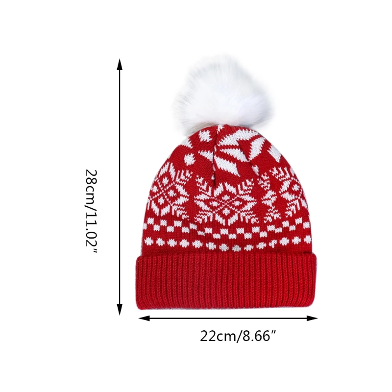 

Women Christmas Snowflake Winter Knitted Beanie Hat Cute Fluffy Pompom Stretch Cuffed Skull Cap Ear Warmer Holiday Festival Part