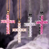 simple fashion shiny cross necklace pink silver color crystal pendant necklace for men women couple jewelry gift wholesale