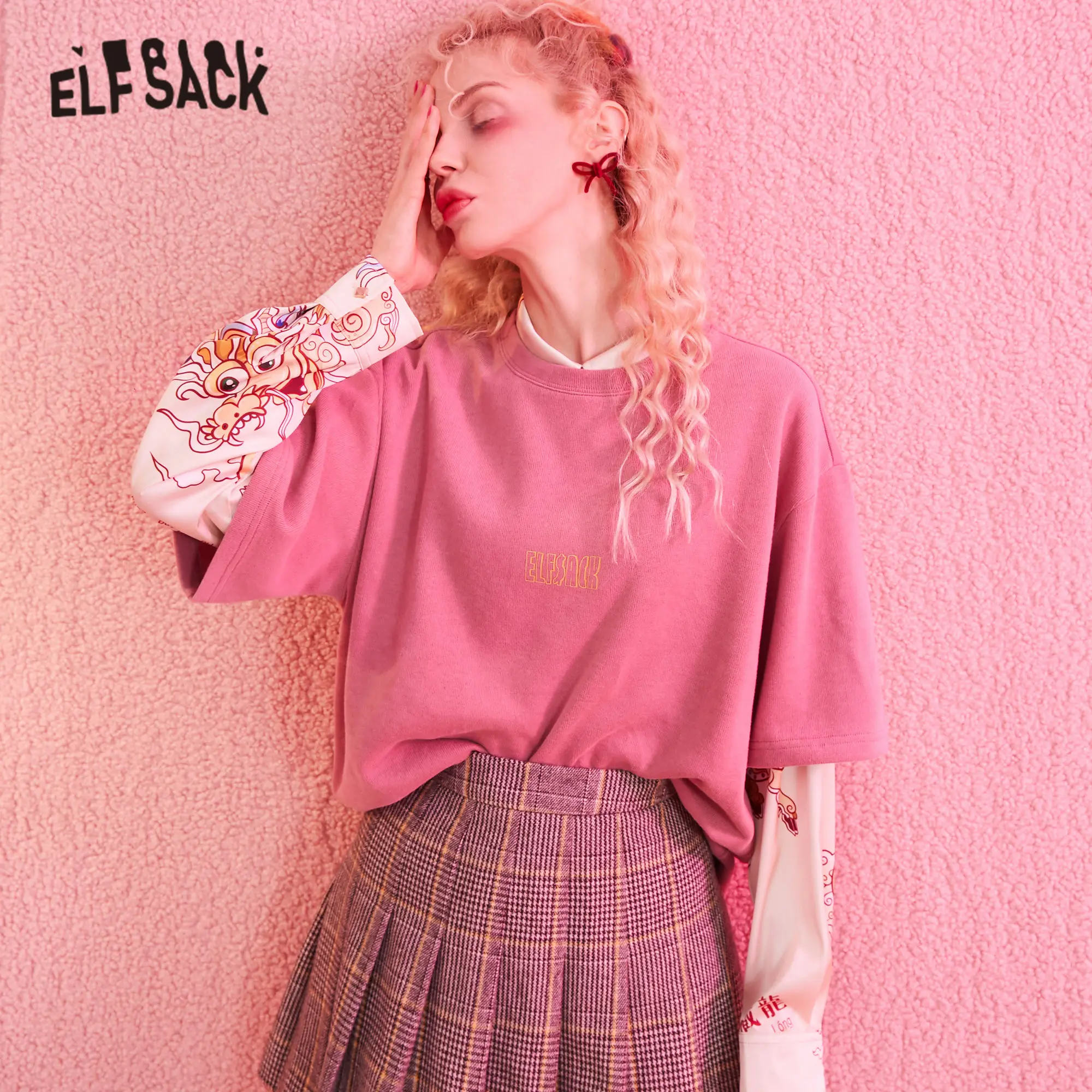 ELFSACK розовая одноцветная женская футболка с принтом тигра большие размеры зима