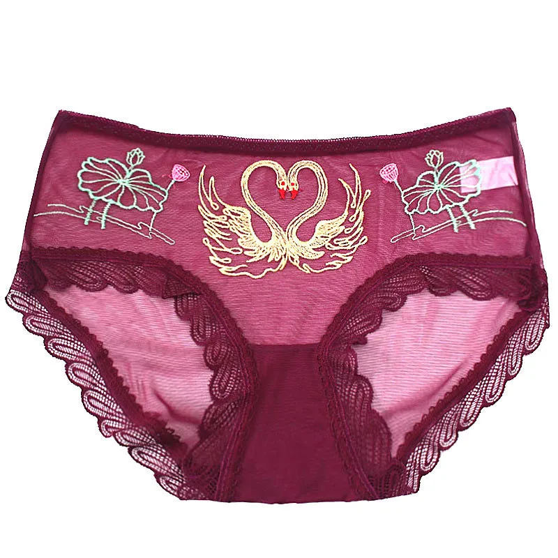 

Woman Sexy Panties 2020 New Swan Print Mesh Comfortable Briefs Solid Sexy Lace Mid-waist Girl Underwear Transparent Panties