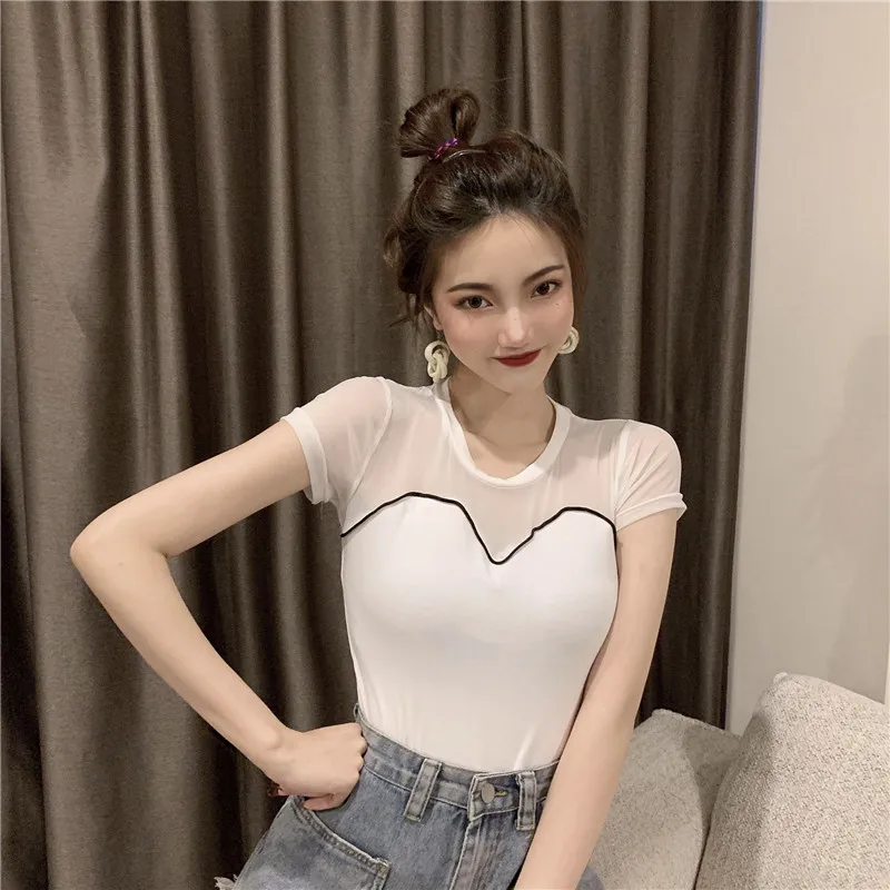 

o-neck patchwork mash casual black new summer Korean style ladies tops high quality camisa feminina Women's Clothing T-Shirts
