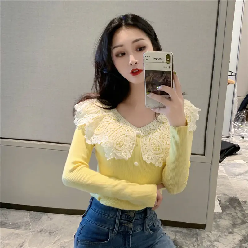 

Women 2020 Spring Autumn Fashion Lace O-Neck Patchwork Sweater Female Elegant Casual Pullover Long Sleeve Jumpers Chic Tops L372