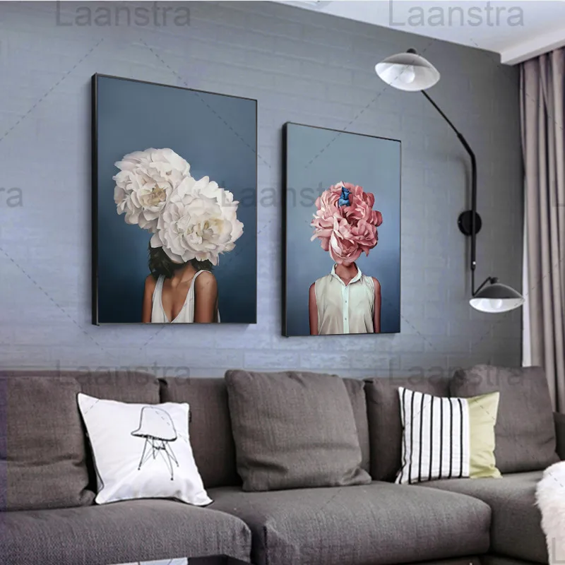 

Woman and Flower Home Decoration Painting White Wreath Living Room Wall Art Canvas Poster Creative Simple Bedroom Prints Fashion