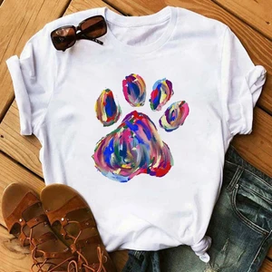 Watercolor Dogs Paws Print T Shirt Women Peace Love Dogs Funny T-Shirt Female Casual Summer Tops Tee