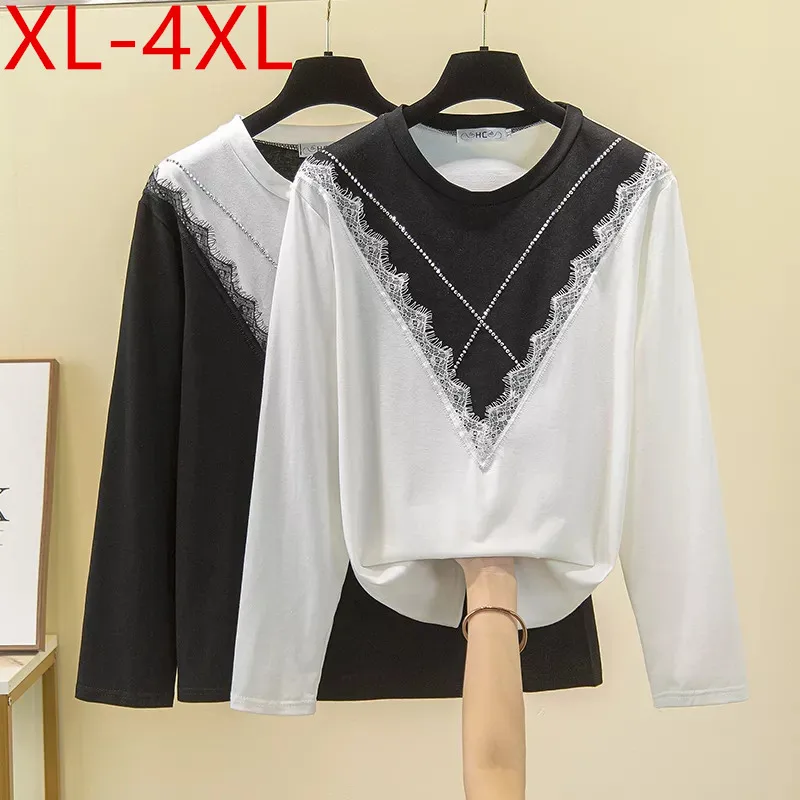 

New Autumn Plus Size Women O Neck Long Sleeve T-shirt Rhinestone Lace Cotton Large Loose Casual Tops Tees XL 2XL 3XL 4XL