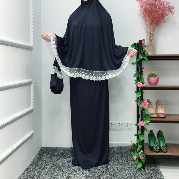 

Muslim Two Piece Set Women Prayer Garment Ramadan Musulman Ensembles Robe Lace Maxi Skirts Kaftan Islamic Clothing Long