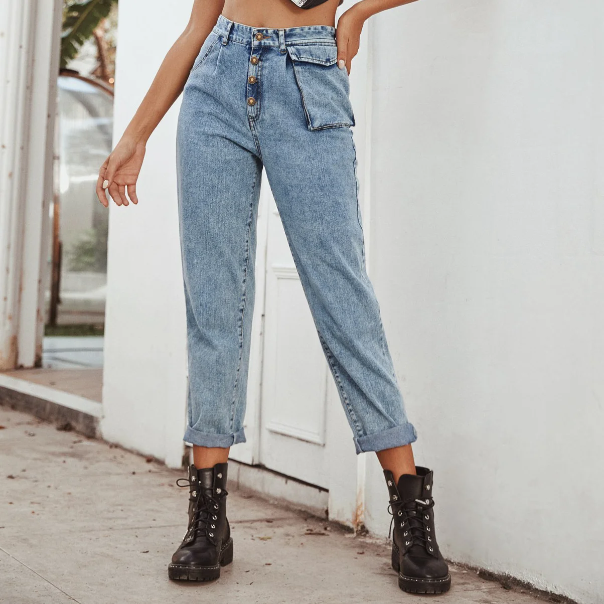 

JHBeute Light Blue Pocket Denim Trousers Vintage Ninth Pants Women Korean Straight High Waist Casual Long Denim Jeans for Women