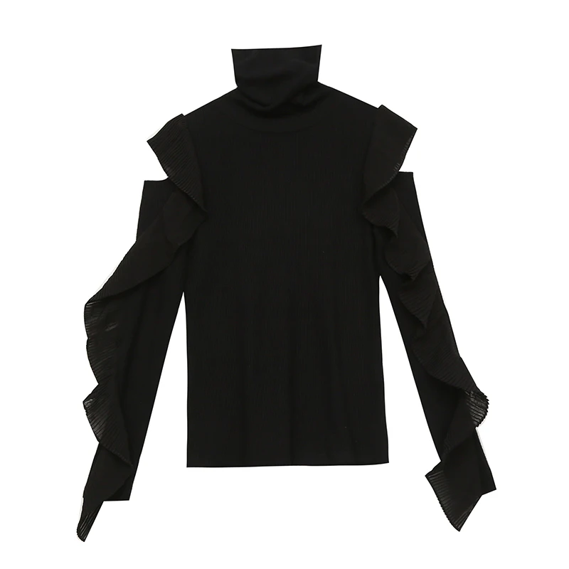 

Kimutomo Ruffles Off Shoulder Knitted Sweater Women Spring Fashion Ladies Turtleneck Hollow Out Long Sleeve Pullover Elegant