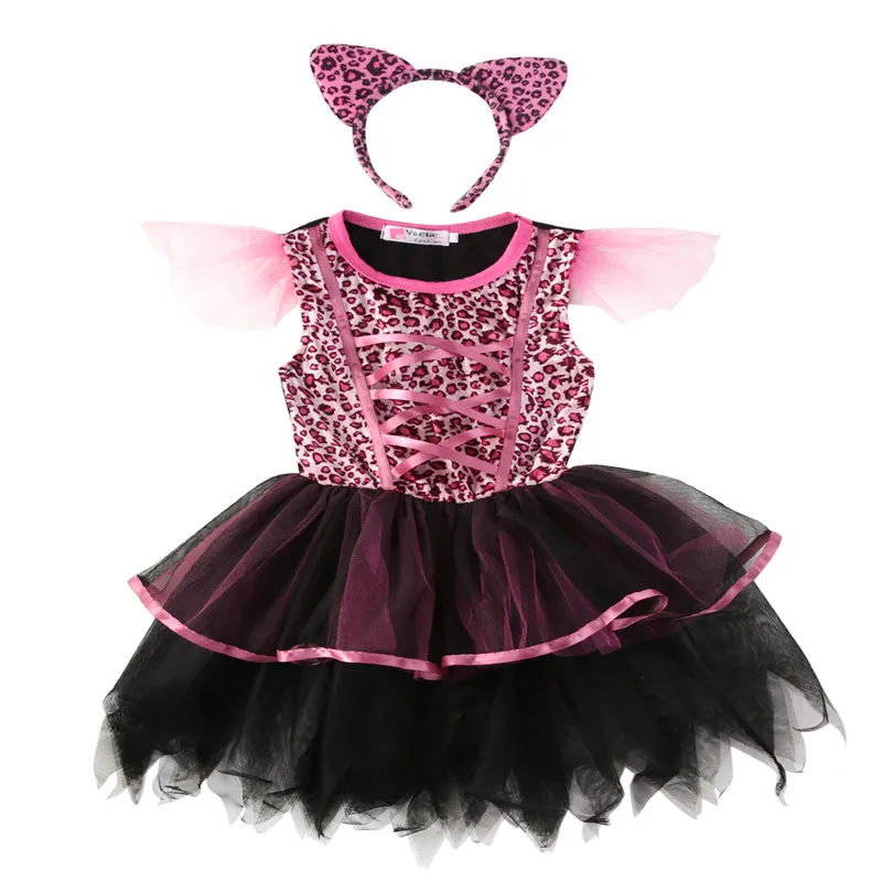 2020 Детский костюм для девушки хеллоуина красивое леопардовое Сетчатое чёрное