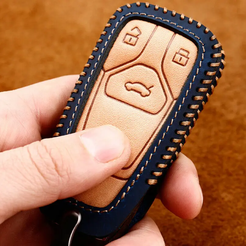

1Pcs 3 Buttons Genuine Leather Car Smart Key Cover Case Key Holder With Keychain For Audi A4 B9 A5 Q5 Q7 TT Accessories