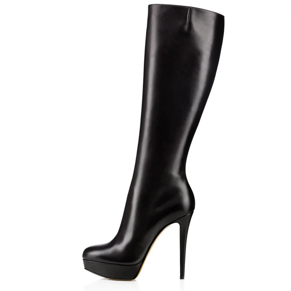 Ladies' Black Pu Boots with Slender High Heels with Platform and Zipper Female Knee High Boots