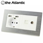 Atlectric DE ЕС ру розетка с двумя портами USB, RJ45, ТВ Порты и разъёмы двойная розетка настенная розетка с Светодиодный индикатор Мощность на выходе металлический Панель переходник usb,разетка с usb для дома,розетки
