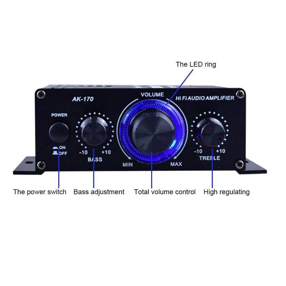

AK170 12V Mini Audio Stereo Power Amplifier Digital Car Audio Receiver AMP Dual Channel 20W+20W Bass Treble Volume Control Home