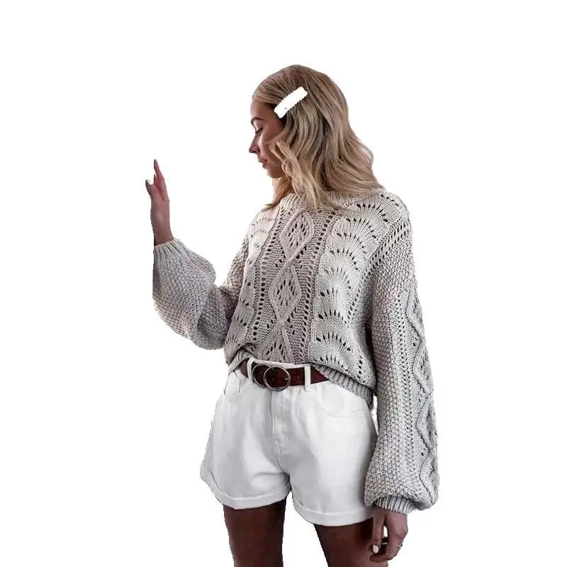 

Women Sweaters Spring Autumn Round Neck Hollow Out Lantern Sleeve Loose Sweatshirt Fashion Pullover Knitwear Casual Streetwear