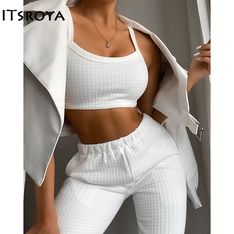 ITSROYA повседневный однотонный спортивный костюм женский укороченный топ на
