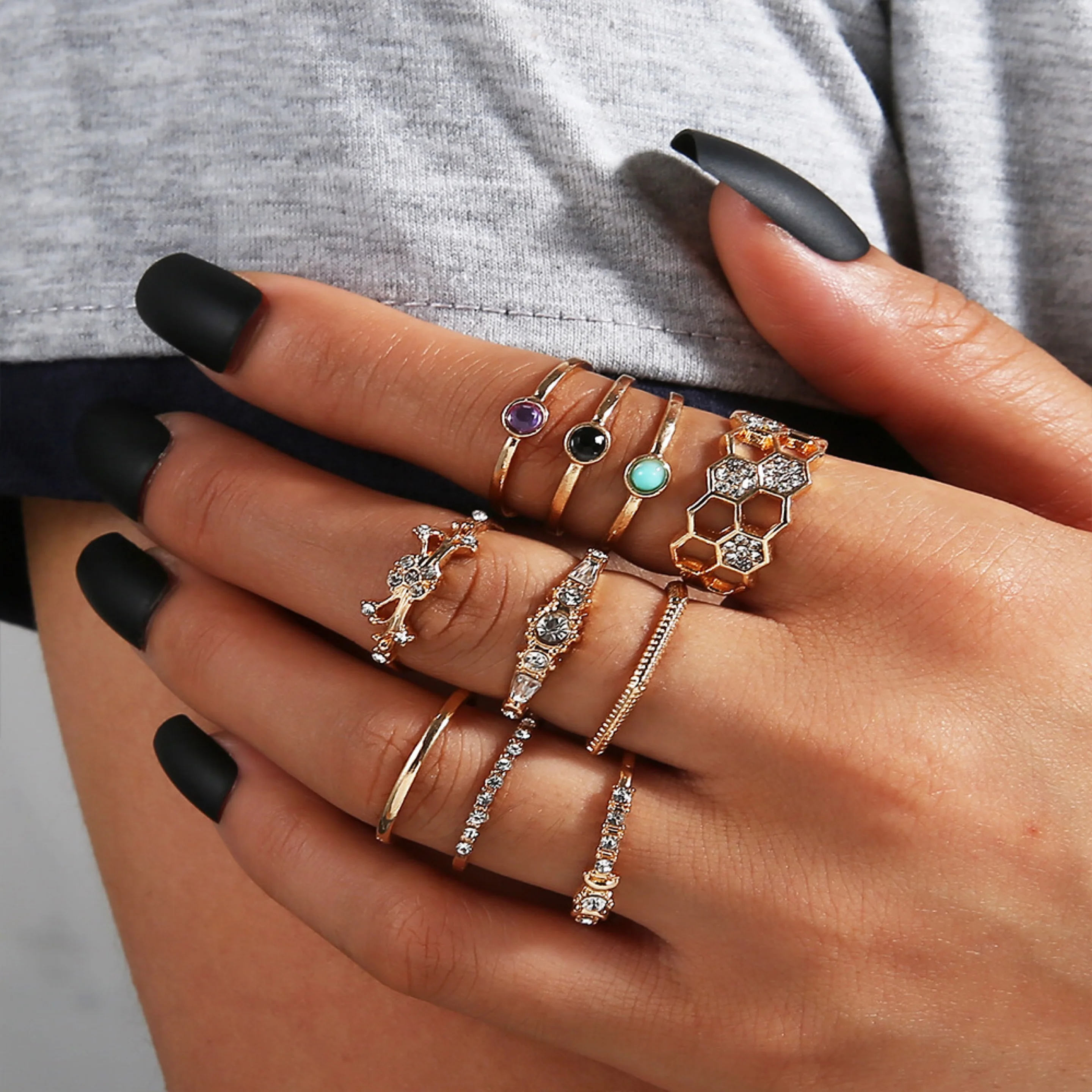 

Retro hollow metal ring set combination female crystal design ring set party jewelry 2020 new hot sale