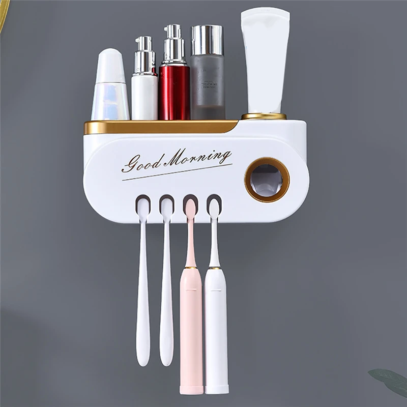 

Bathroom Tooth Brush Holder Toothpaste Dispenser Squeezer Free Punching Wall Hanging Storage Shelf Cosmetic Boxes Organizer