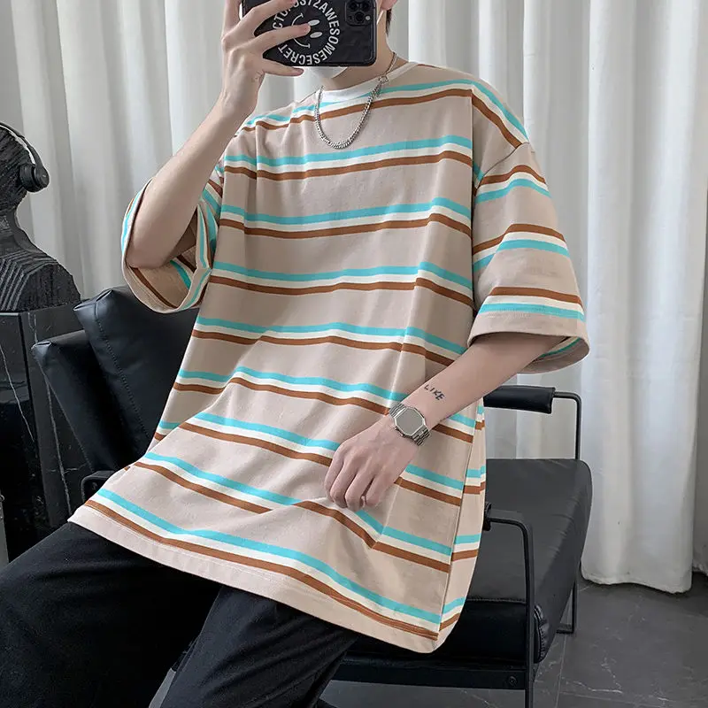 

Summer Cotton Striped T-shirt Men's Fashion Casual T Shirt Men Streetwear Korean Loose Hip-hop Short-sleeved Tshirt Mens Tops