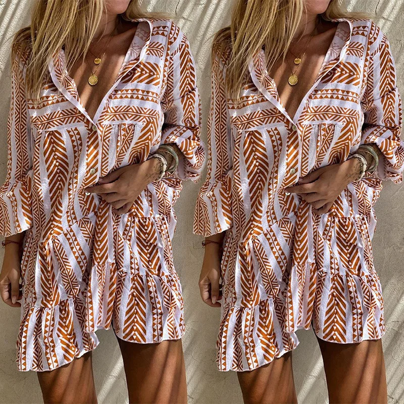 

Plus Size Bohemian Women Dress Autumn New Style Long Sleeve V Neck Printed Scallop Loose Casual Fashion Women Mini Dress