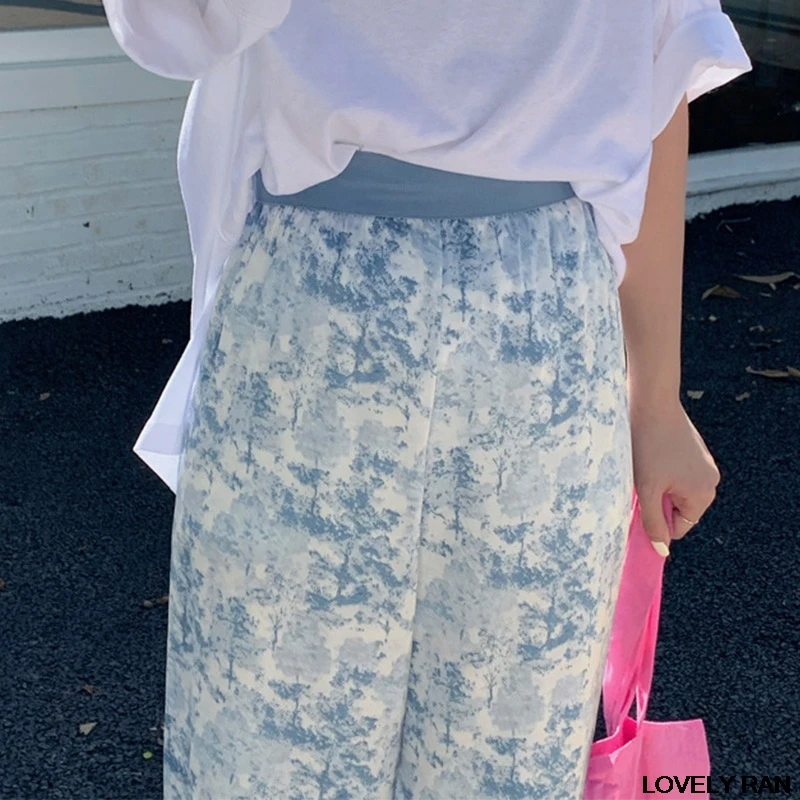 

Tie-dyed Printed Wide Leg Pants Women High Waist Elastic All-match Mopping Pant Female 2021 Summer Girls Casual Loose Trousers