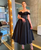elegant short muslim black evening dresses a line off shoulder tea length lace abendkleid formal party gown for women