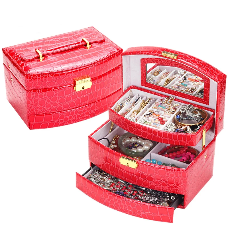 

Women Cosmetic Drawers Three-layer Storage Jewelry Organizer Carrying Cases Black Color PU Leather Jewelry Packaging Box