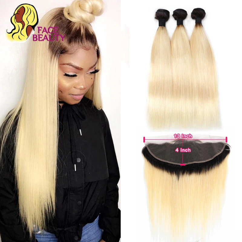 Facebeauty 1B 613 темные корни блонд Омбре бразильские прямые волосы Remy 3/4 пучок с 13x4 кружевом Фронтальная застежка бесплатно средняя часть - изображение