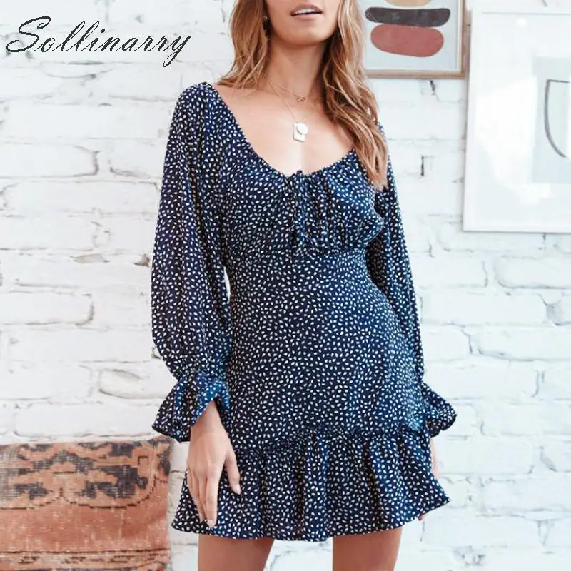 Sollinarry Print Vintage Short Dress Women Off Shoulder Autumn Sexy Female Long Sleeves Winter Ruffles Elegant Dresses | Женская одежда