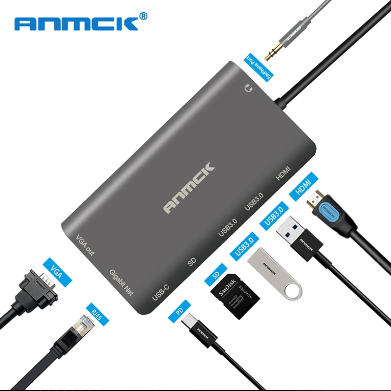 Anmck USB C концентратор к Мульти 3 0 HDMI VGA RJ45 Thunderbolt OTG адаптер разветвитель для MacBook Pro Air