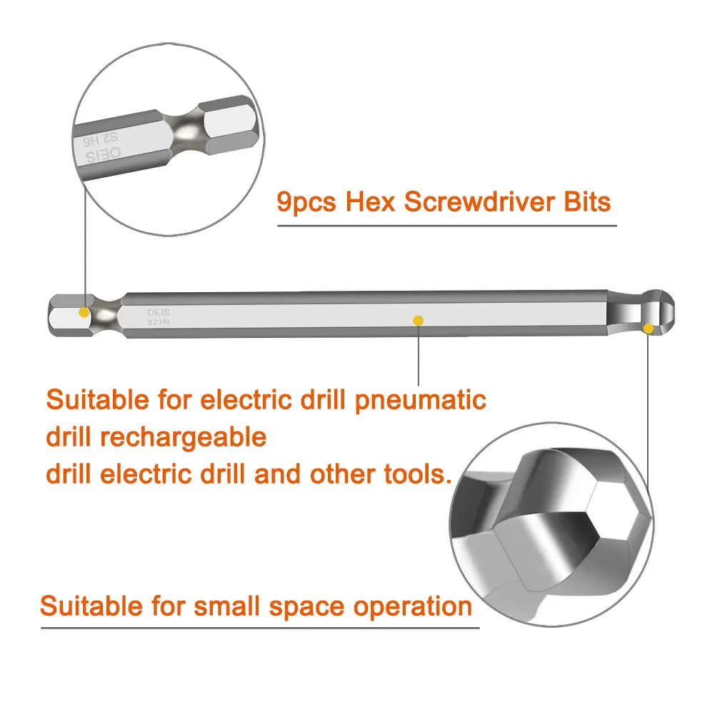 

9pcs Hex Screwdriver Bits Set Magnetic Replacement Parts 25 Degree Tilt S2 Alloy Steel Cutting Metric Durable Ball End Drilling