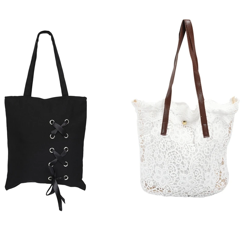

New Women's Casual Lace-Up Canvas Tote Bag Black With Women Messenger Bag Single Strap Lace Crossbody Bags White